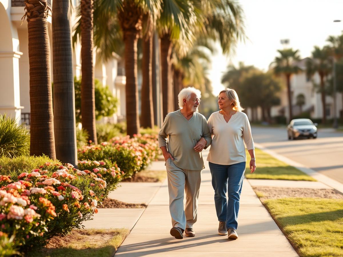 Two people walking together along a sunny neighborhood sidewalk lined with palms and flowers.