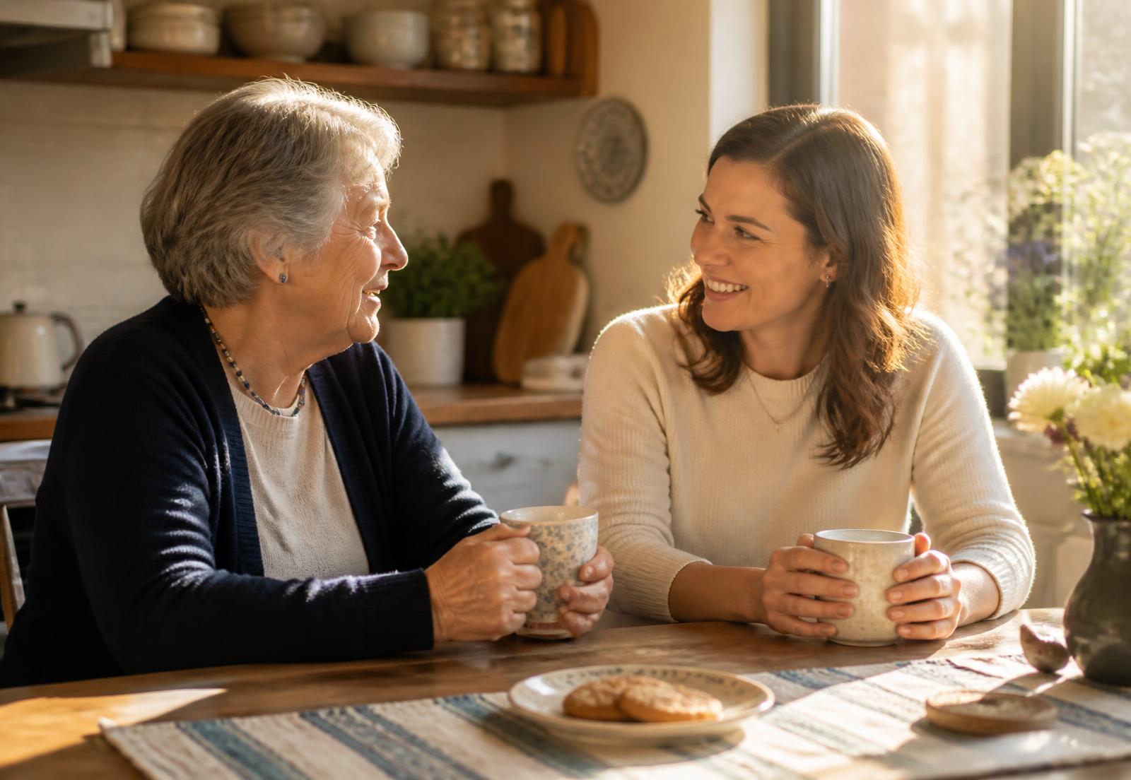 An older woman and a companion sitting together at a sunlit kitchen table sharing tea and conversation.