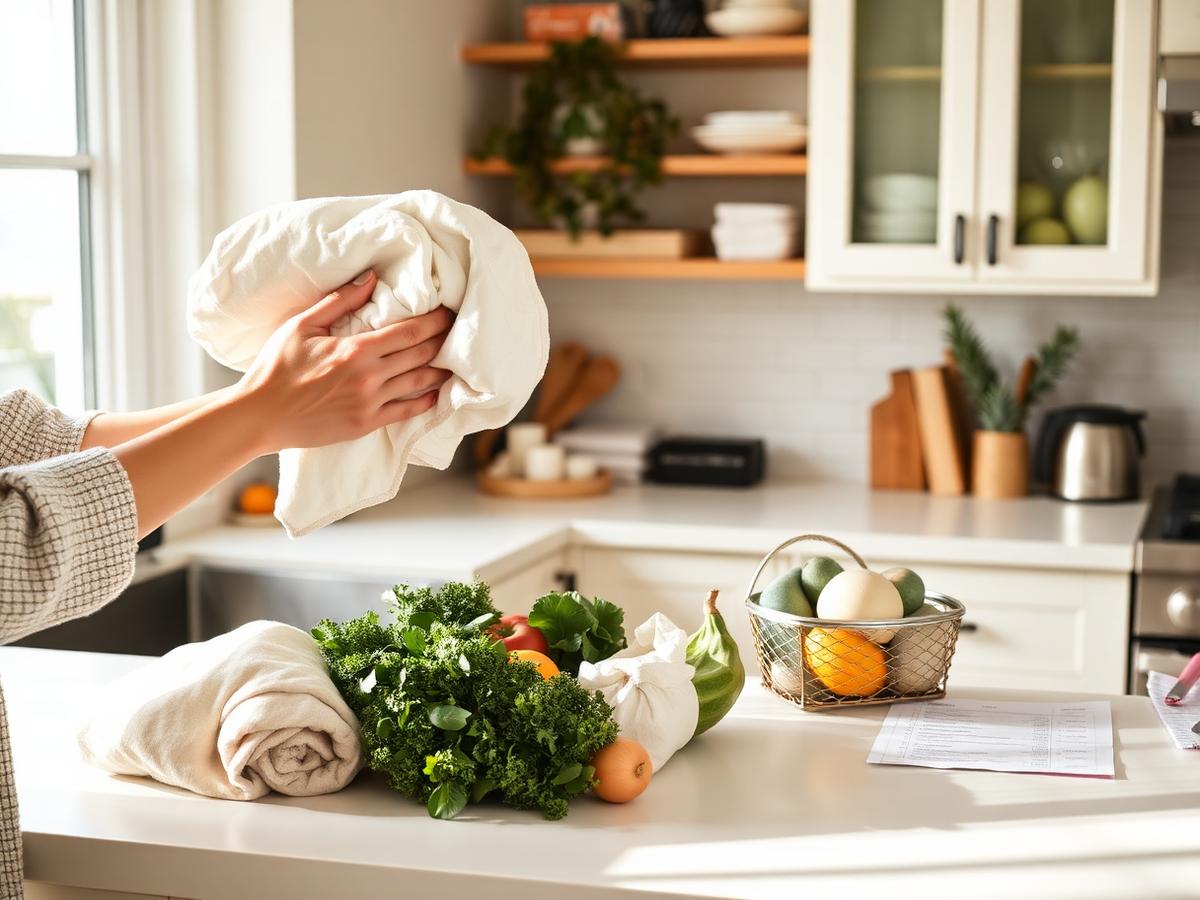 Folded fresh linens and fresh groceries on a bright kitchen counter next to a written list.